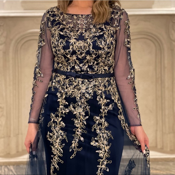 Beautifully embellished navy blue formal A-line dress - Picture 2 of 3